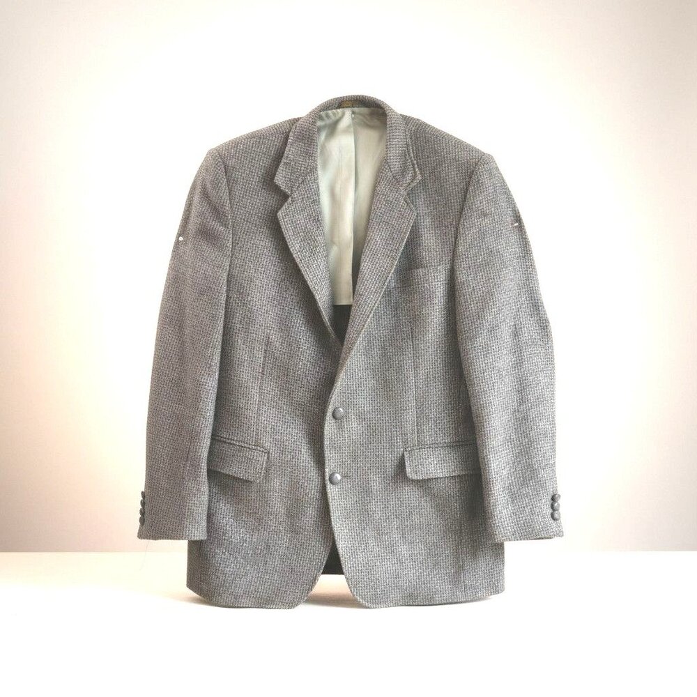 Vintage Haggar Tweed Wool Blazer Gray Herringbone Sport Coat Mens 42R 2-Button